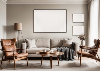 spacious and cozy living room with neutral-colored furniture and empty frames
