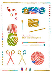カラフルな毛糸と編みもの道具いろいろの背景・装飾素材 - obrazy, fototapety, plakaty