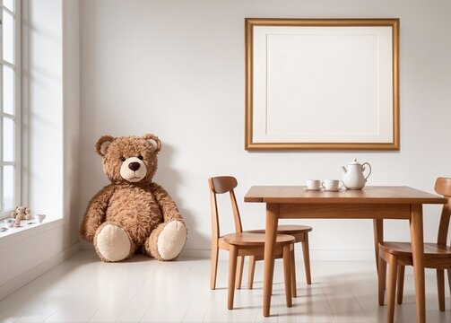 cozy minimalist living room with teddy bear and wooden furniture and blank frame