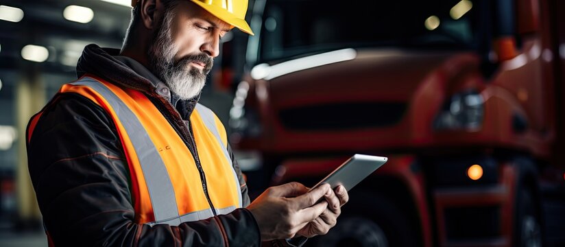 Trained trucker confirming route on tablet and waiting with lengthy vehicle. Transport provider. - Powered by Adobe