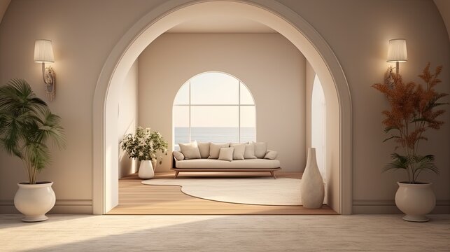 Modern living room with white walls, vase and large white sofa. Created with Ai