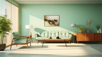 Living room interior with green sofa, light green walls, poster and chair. Created with Ai