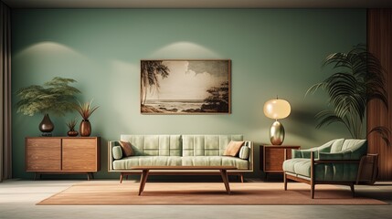 Modern living room with green sofa, green walls, lamp and cabinet. Created with Ai