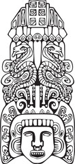 ethical, ancient high Mayan, Aztec sculpture, with snake symbols, and historical scary decorations