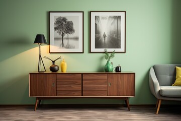 Modern living room with wooden cabinet, green walls, posters and chair. Created with Ai