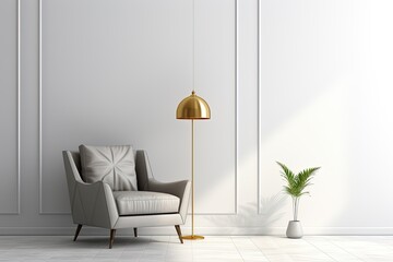 Modern living room with white walls, lamp and grey sofa. Created with Ai