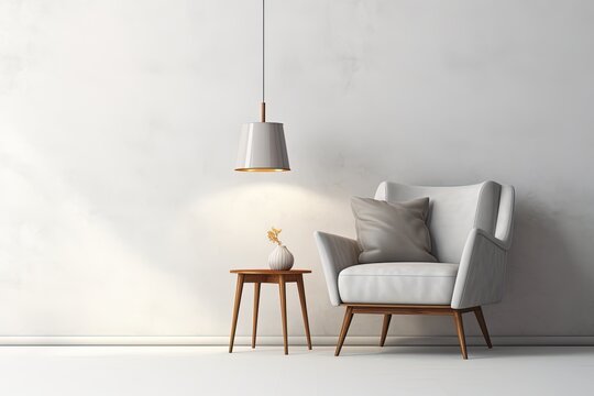 Interior of a living room with sofa, light and wooden table. Created with Ai