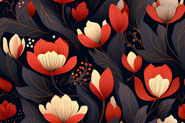 Beautiful Red And White Floral Pattern On Dark Background. Generative AI
