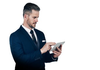 Corporate, businessman and tablet for reading, research and information on internet for feedback report. Male manager, holding and technology for data review on isolated or transparent png background