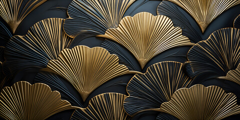 A close up of a gold fan pattern on a  blue  background golden fan design art in wallpaper ,and background using for room wall decor  AI Generative  - obrazy, fototapety, plakaty