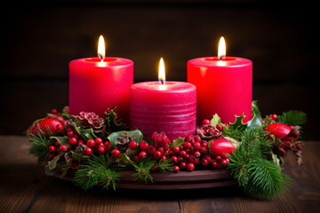 Three red candles in a Christmas wreath. The candles are lit, and their flames are flickering in the breeze, wooden table