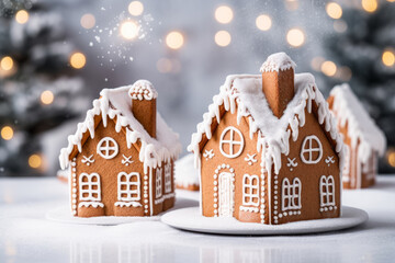 Two gingerbread houses sitting on top of a table. decorated with white frosting, christmas trees in the background, snow, bokeh