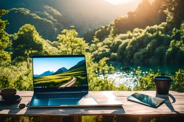 laptop outside concept empty copy space blank screen  mockup soft focas laptop in nature background ecology travel and work outside office concept-