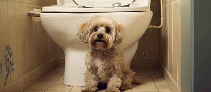 Surprised small dog in dog-friendly hotel sits in toilet while being toilet trained.