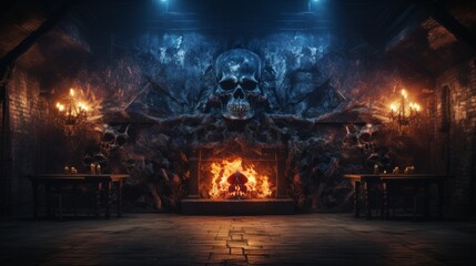 The flickering fire in hearth illuminated hauntingly beautiful room, casting dancing shadows upon ancient skulls scattered about, as sounds of nature echoed through night outside sturdy stone walls