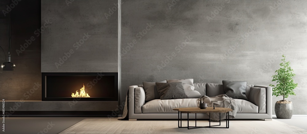 Canvas Prints Roomy, grey living space with big couch, hearth, and venetian plaster.