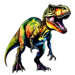 A T-rex, standing, looking back in open-mouth , on white background, watercolor, pen and ink, vibrant, lush, colorful
