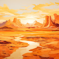 an abstract representation of a desert sunset with mirage-like distortions, capturing the warm and vibrant colors of the setting sun