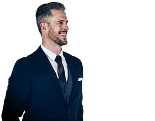 Smile, corporate and vision with a business man in a formal suit isolated on a transparent background. Thinking, idea and a happy mature professional employee on PNG with a future career mindset