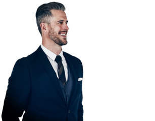 Smile, corporate and vision with a business man in a formal suit isolated on a transparent background. Thinking, idea and a happy mature professional employee on PNG with a future career mindset
