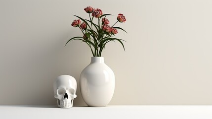 A delicate white rose blooms from within a cracked vase, standing proudly against the wall amidst a sea of houseplants and an eerie skull