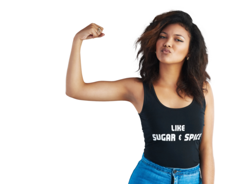 Portrait, feminism and a woman flexing her arm muscle while isolated on a transparent background. Girl power, pride or empowerment with a confident and strong young person showing her bicep on PNG