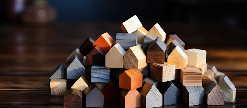 Wooden puzzle blocks for making a DIY mini house, using recycled wood pallets.