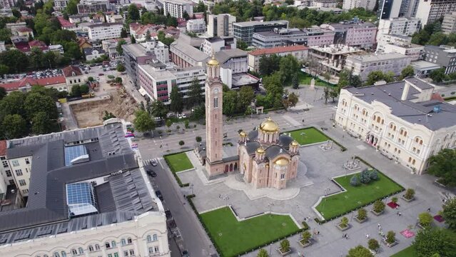 Beautiful orthodox cathedral in Banja Luka, Bosnia and Herzegovina, aerial orbit