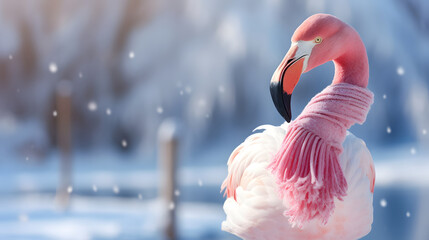 Flamingo with scarves, goofy, winter background - obrazy, fototapety, plakaty