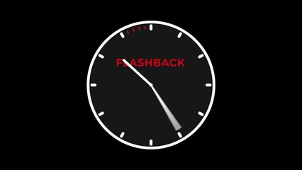 Round clock spinning back isolated on solid black background, time running backwards flashback concept. Alpha channel included.
