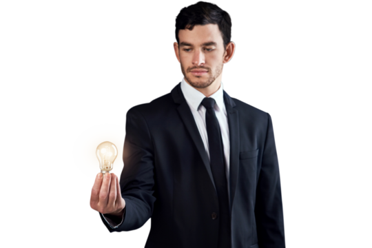 Idea, innovation and lightbulb with a business man isolated on a transparent background for creative breakthrough. Electricity, eureka and aha with a confident young employee on PNG for success