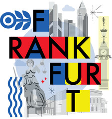 Typography word “Frankfurt” branding technology concept. Collection of flat vector web icons. Culture travel set, famous architectures, specialties detailed silhouette. German famous landmark