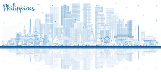 Outline Philippines City skyline with blue buildings and reflections. Travel concept with historic architecture. philippines cityscape with landmarks. Manila, Quezon, Davao. - obrazy, fototapety, plakaty