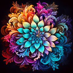 a pattern where chromatic fractal elements evolve into blossoming and intricate floral shapes