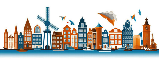 Netherlands Famous Landmarks Skyline Silhouette Style, Colorful, Cityscape, Travel and Tourist Attraction