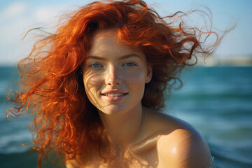 Smiling beautiful red-haired woman on sea