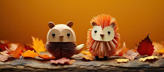 Two funny animals made from colorful fallen leaves in a cute autumn craft.