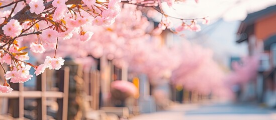 Sakura in full bloom on village street. Japanese cherry blossom. Close-up, pastel colors. - obrazy, fototapety, plakaty