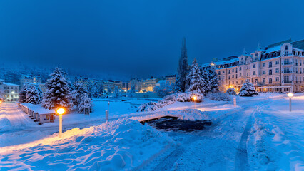 Center of the small west bohemian spa town Marianske Lazne (Marienbad) in winter - early morning...