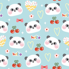 Seamless pattern of cute panda bear face with cute icon on blue pastel background.Wild animal character cartoon design.Cherry,heart,donut,flower,hello word hand drawn.Kawaii.Vector.Illustration.