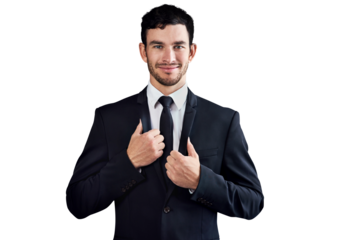 Portrait, smile and man with business, suit and confident agent isolated on a transparent background. Face, person and model with a career, professional fashion and worker with png, corporate and joy