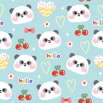 Seamless pattern of cute panda bear face with cute icon on blue pastel background.Wild animal character cartoon design.Cherry,heart,donut,flower,hello word hand drawn.Kawaii.Vector.Illustration.