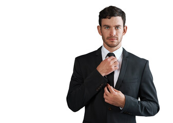 Serious businessman, portrait and suit in fashion or stylish clothing isolated on a transparent PNG background. Handsome, young man or confident business employee in formal attire, outfit or style