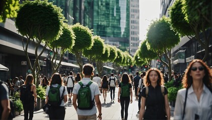 A bustling car-free city with tall buildings and people walking on a tree-lined street. Low carbon footprint. 