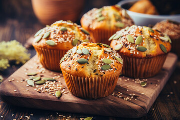 Close-up of healthy muffins with seeds on wooden table - obrazy, fototapety, plakaty