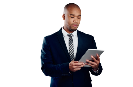 Businessman with tablet, reading email and isolated on transparent png background for law firm schedule. Networking, digital app and black man, lawyer or attorney at online business, web or search.