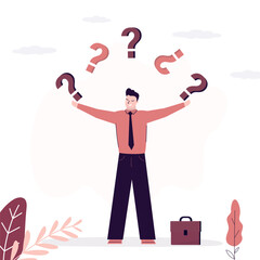 \\\Businessman juggles question marks. Finding answers. Thinking and looking for solutions to problems, creativity, intelligence to solve business problems