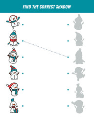 Fototapeta premium Find correct shadow of cartoon snowman. Educational logical game for kids. Christmas game. 