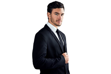 Fashion suit, portrait and professional man confident in formal tuxedo, menswear style or evening wear clothes for dress code. Classy, fancy outfit or salesman isolated on transparent, png background