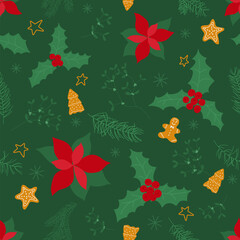 Christmas holiday traditional decoration. Poinsettia gingerbread mistletoe holly pine star green red yellow. Hand drawn pattern vector illustration. Surface design home fabric stationery gift party